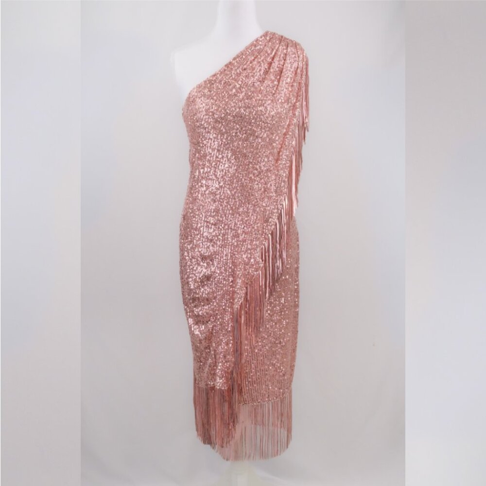Badgley Mischka Sequin Fringe One-Shoulder Midi Dress, Light Pink, US 2